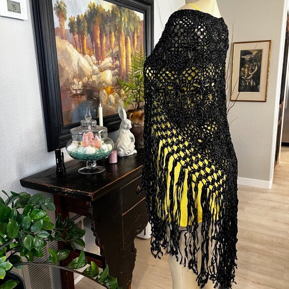Hand Crocheted Shawl w/ a 15" fringe: a black cotton ribbon w/ silver stitching - Picture 1 of 8